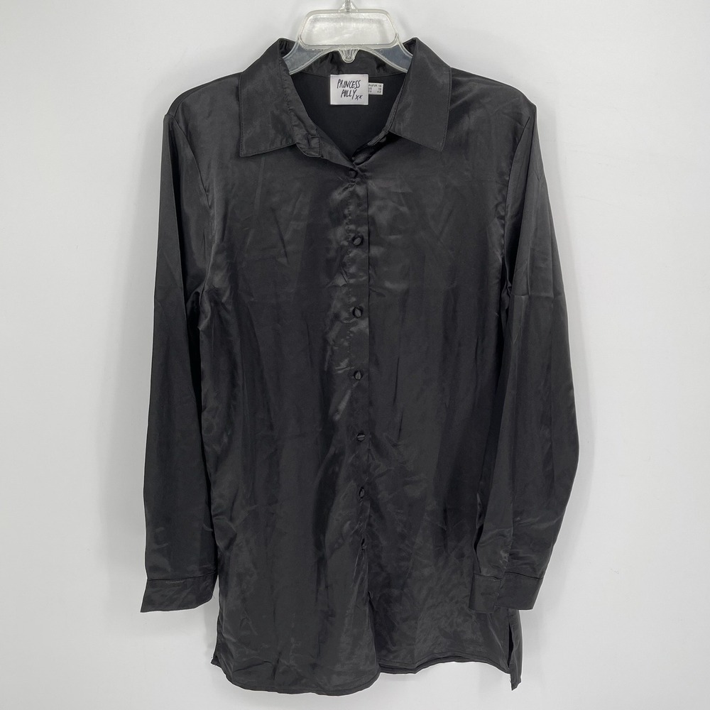 Princess Polly Women's Black Satin Long Sleeve‎ Button Down Blouse Size 10